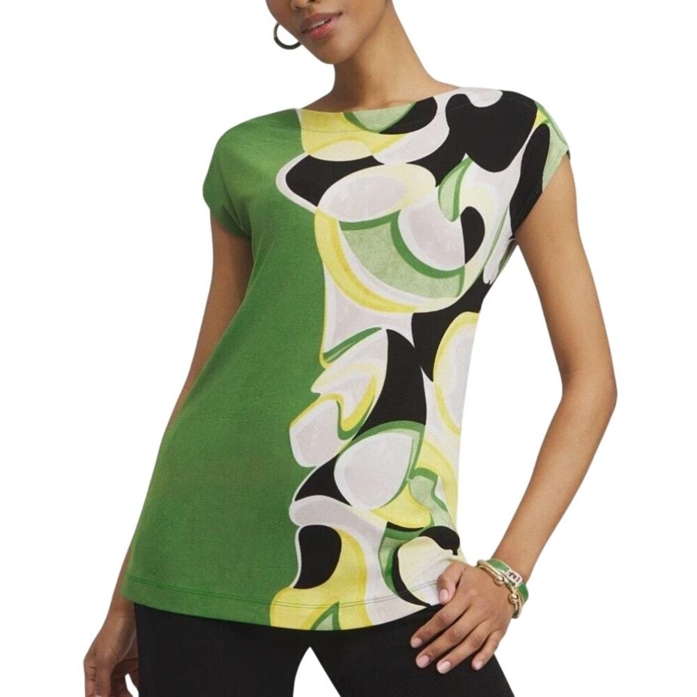 Chico’s Sz 0 Green Abstract Floral Cap Short Sleeve Travelers Knit Stretch Top